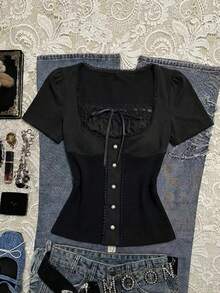 Elamini Women's T-Shirt, Lace Patchwork, Textured Knit, High Elasticity, Slim Fit - Black - View 1