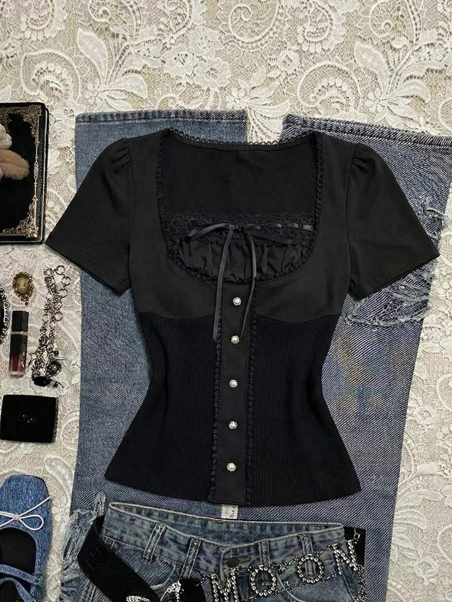 Elamini Women's T-Shirt, Lace Patchwork, Textured Knit, High Elasticity, Slim Fit - Black - View 1