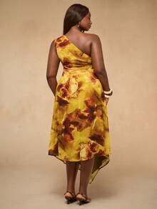 SHEIN BAE Plus Size Women's One Shoulder Graphic Abstract Print Midi Dress,Summer Elegant Gold Wedding Guest Outfit,Flowy Asymmetric Brunch Resort Wear - Multicolor - View 3