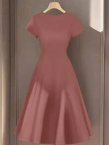 SHEIN Franclia 女士优雅圆领短袖纯色白色长款针织连衣裙 - 藕粉色 - 查看 3