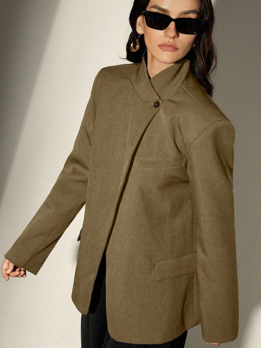Aveloria Modichic Stand Collar Oblique Lapel Blazer, Crafting A High-End Business Look - Khaki - View 1