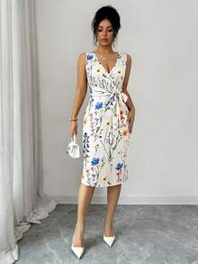 Elenzga 优雅印花裹身荷叶边蝴蝶结腰部中长连衣裙，休闲度假日常穿着，时尚杏色连衣裙 - 杏色 - 查看 4