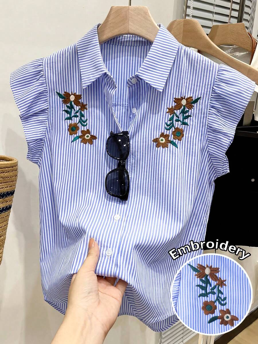 GlowEve Women's Summer Casual Vacation Striped Floral Embroidery Ruffle Armhole Blouse - Blue - View 1