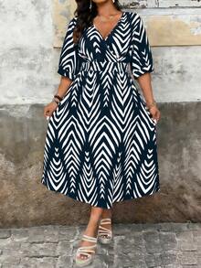 EMERY ROSE Elegant Printed Short Sleeve Dress, Summer - Blue - View 4