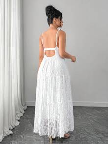 Elenzga Plus Size V-Neck Ruffle Trim Elegant Dress - White - View 3