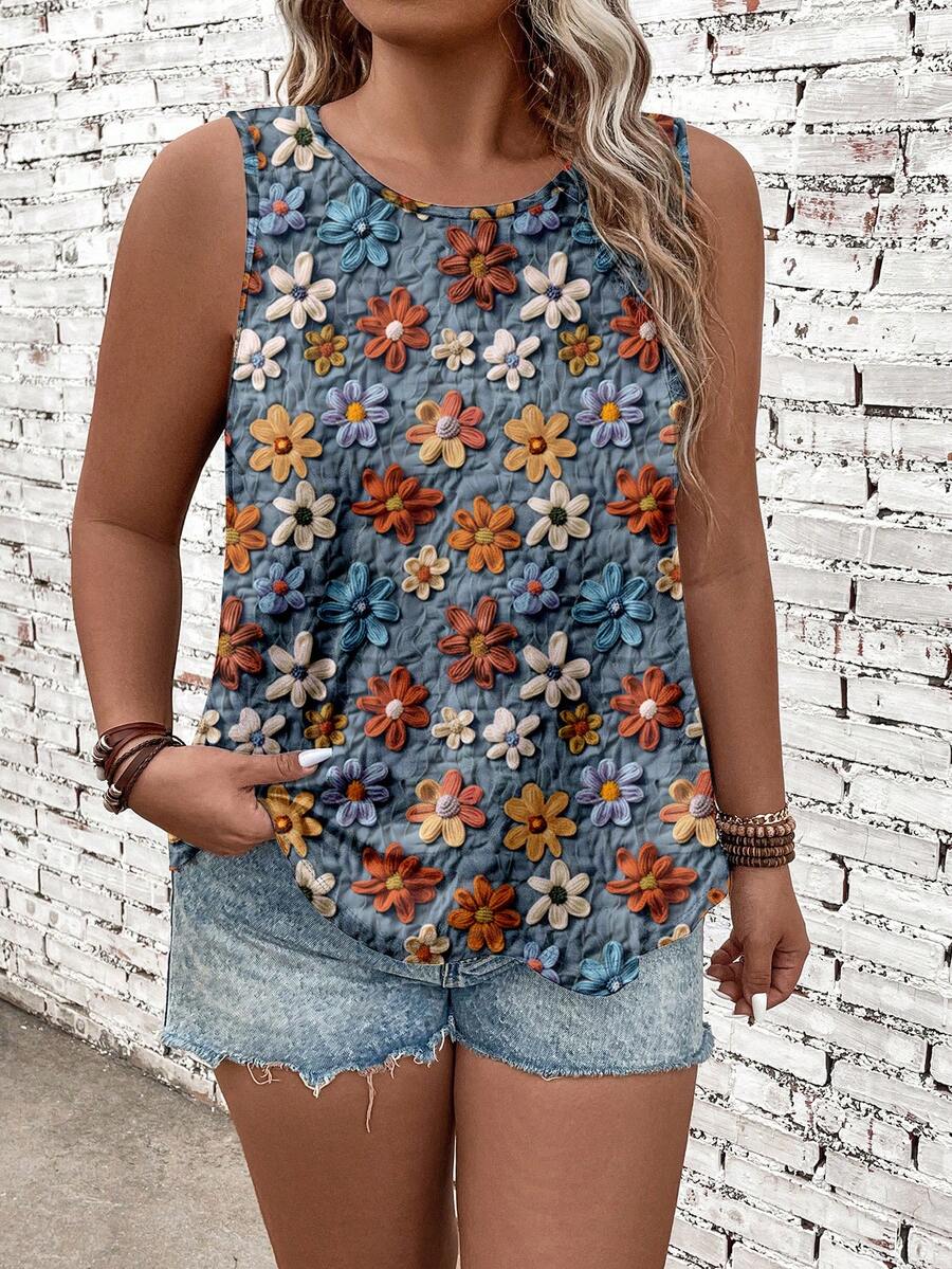 EMERY ROSE Plus Size Floral Print Casual Vacation Tank Top - Multicolor - View 1