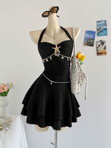 Soleia 度假风露背系带海星贝壳装饰荷叶边V领花卉金属扣白色针织纹理修身迷你连衣裙，适合圣诞节、约会、夜店、波西米亚风、度假、秋季女装、复古、假日等场合。 - 黑色 - 查看 1