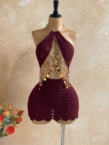 Soleia Vestido de punto sexy con escote halter, calado y con lentejuelas y flecos para mujer - Burdeos - Ver 5