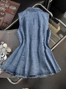 GlowEve Women's Metal Bow Button Design Casual Vest Denim Jacket - Blue - View 4