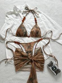 Swim SXY Bộ đồ bơi mùa hè dành cho nữ gồm 3 món: Áo bikini tam giác in họa tiết tie-dye, quần bikini và chân váy mini lưới, trang phục bơi gợi cảm đi biển. - Nhiều màu - Xem 3