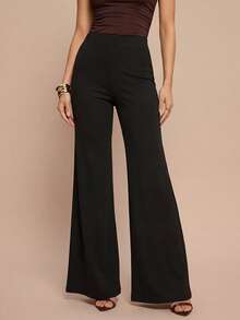 Leighera Black High Waist Elegant Elastic Waist Fashionable Wide Leg Pants - Black - View 1
