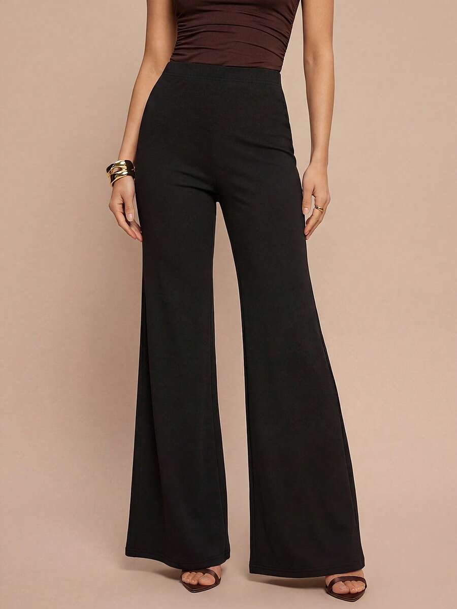 Leighera Black High Waist Elegant Elastic Waist Fashionable Wide Leg Pants - Black - View 1