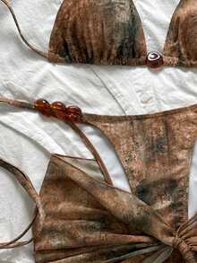Swim SXY Bộ đồ bơi mùa hè dành cho nữ gồm 3 món: Áo bikini tam giác in họa tiết tie-dye, quần bikini và chân váy mini lưới, trang phục bơi gợi cảm đi biển. - Nhiều màu - Xem 6