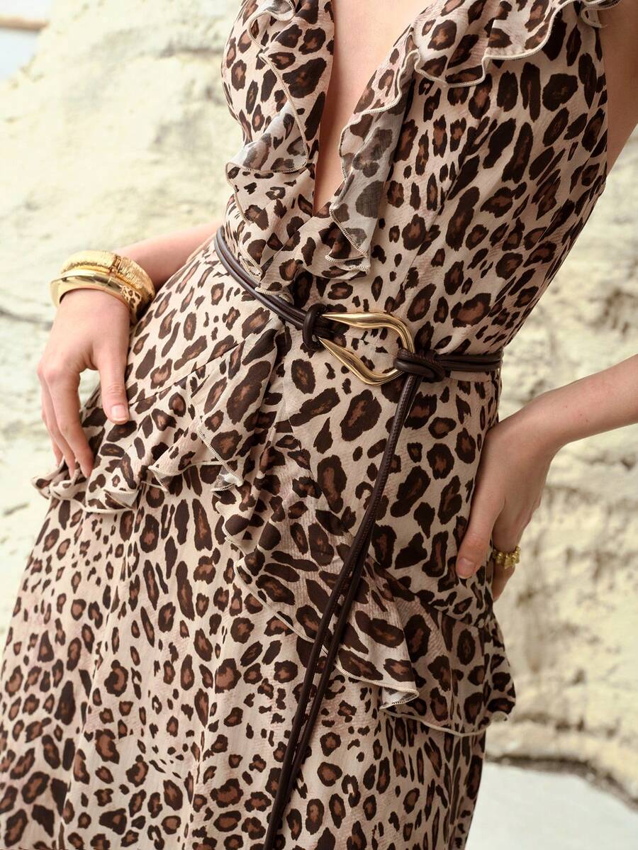 MOTF PREMIUM Đầm họa tiết da báo, chất liệu pha lanh, viền bèo nhún, phong cách thành thị thời trang và lãng mạn, mùa xuân/hè. - màu nâu - Xem 2