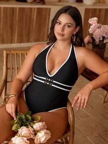 Swim Chiccia 2026 New Summer Beach Vacation Elegant Swim SXY Women Deep V-Neck Tie Faux Pearl Decor Contrast Color Casual Beach Bikini Set, Suitable For Summer Beach Vacation Plus Size One-Piece Swimsuit - Black - View 5