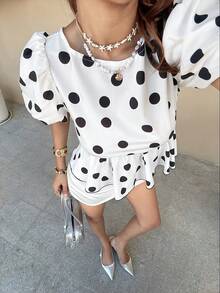 Serisse Women's Polka Dot Pattern Backless Tie Front Blouse With Puff Sleeves, Suitable For Vacation - Black and White - View 10