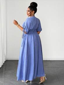 Maweii Vestido largo elegante con escote en V y mangas cortas que realza la cintura - Azul - Ver 2