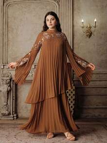 Anewsta Women's New Pleated Elegant Flared Embroidered Khaki Dress, Plus Size - Khaki - View 4