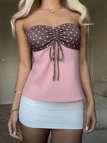 Top bandeau con cordón en el pecho, fruncido y retorcido, con estampado de lunares, estilo de vacaciones de playa para mujer - Multicolor - Ver 5