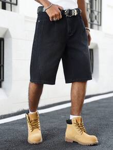 Manfinity EMRG 男士街头时尚奢华通勤折叠设计黑色牛仔短裤 - 黑色 - 查看 5