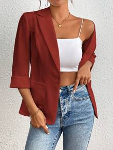 SHEIN LUNE Casual Business Casual Solid Color Blazer For Work Daily Wear, Spring/Summer Red - Redwood - View 6
