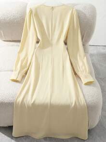 Franclia New Arrival Solid Burgundy Ruched Waist Elegant Dress For Women - Pale Yellow - View 2