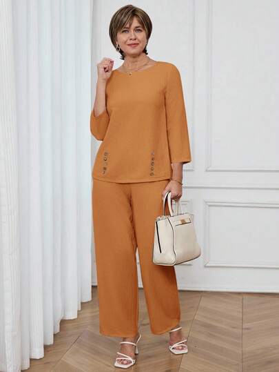 Miaspire 女士纯色简约长袖上衣和裤子两件套