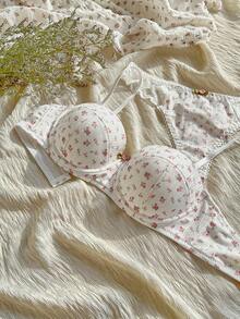 2pcs/Set Women Lace Patchwork Wirefree Lingerie Bra And Panty Set, Spring Clothes - White - View 1