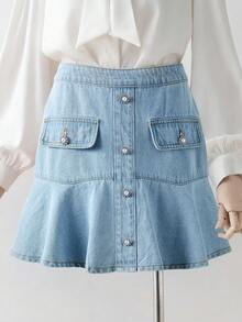 GlowEve Chân váy denim mùa hè dành cho nữ với viền bèo nhún - Rửa nhẹ - Xem 1