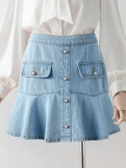 GlowEve Falda vaquera de verano para mujer con volante en el bajo