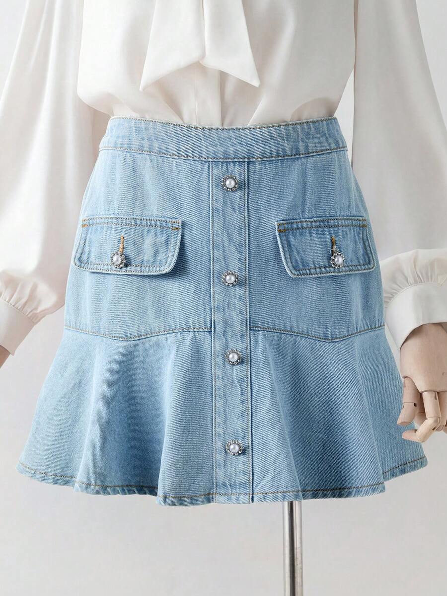 GlowEve Chân váy denim mùa hè dành cho nữ với viền bèo nhún - Rửa nhẹ - Xem 1