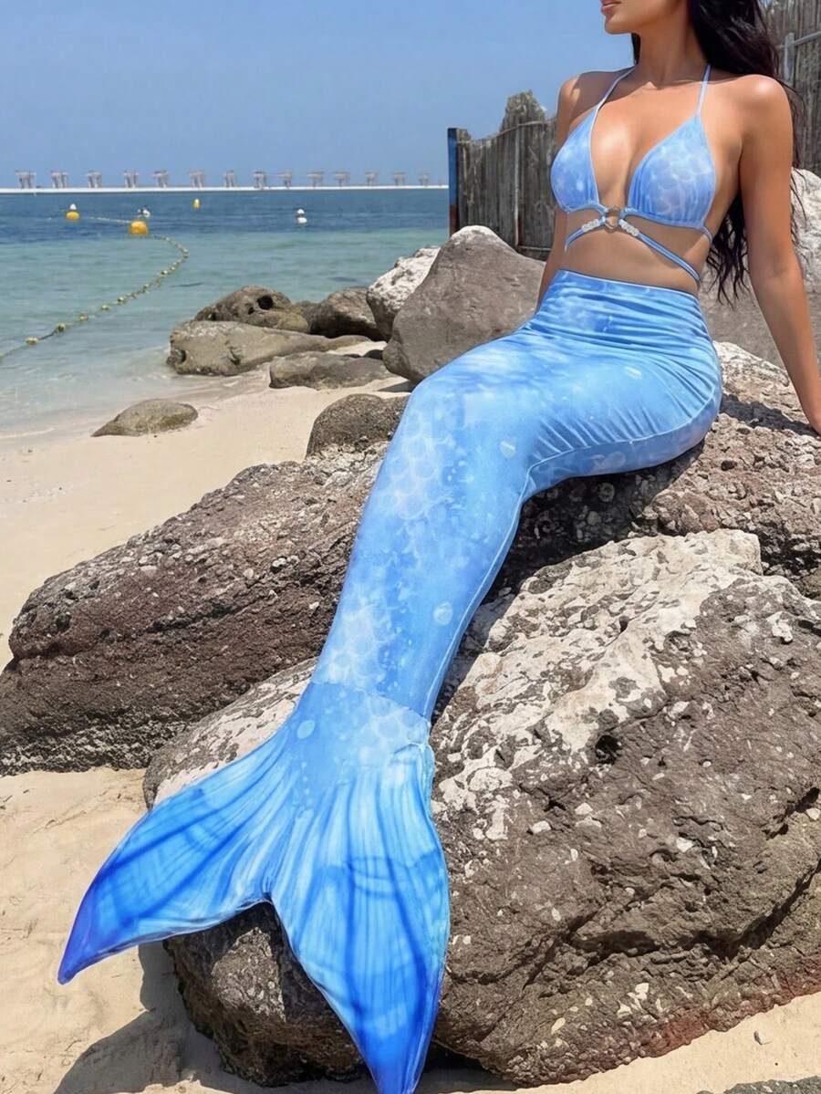 Swim SXY 新款美人鱼泳衣套装，蓝色渐变鱼鳞印花挂脖比基尼配美人鱼尾裙 - 彩色 - 查看 1