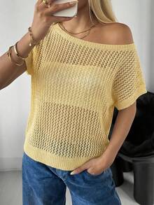 SHEIN EZwear 纯色镂空透视不对称领露肩休闲毛衣 - 鵝黃色 - 查看 3