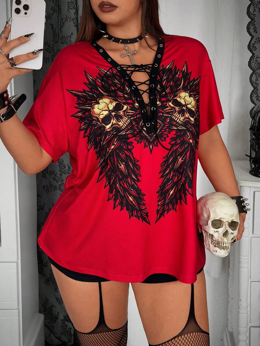 Whyspr Plus Size Women Punk Eyelet Lace-Up Feather Print T-Shirt - Red - View 1