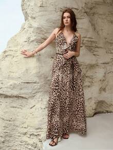 MOTF PREMIUM Đầm họa tiết da báo, chất liệu pha lanh, viền bèo nhún, phong cách thành thị thời trang và lãng mạn, mùa xuân/hè. - màu nâu - Xem 5