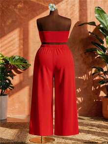 SHEIN CURVE+ Curve 尺码 US22 音乐节、海滨度假、波西米亚风女士春夏红色前系带无肩带上衣和阔腿裤 女士 Degree Pretend - 紅色 - 查看 2