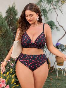 Swim Mod Plus Size Women's Sweet & Cute Minimalist Beach Holiday Black Background Red Cherry Random Print Shirred Drawstring Hem 2-Piece Swimwear Set - Black - View 4