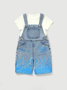 Young Boy Flame Letter Print Blue Denim Bib Shorts - Light Wash - View 1