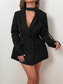 Jeta Ari 女士酒红色梭织面料收腰双排扣领西装外套，优雅百搭，适合派对、度假、办公、通勤、约会、万圣节、圣诞节等各种场合。另有女士酒红色西装外套、黑色西装连衣裙、燕尾服连衣裙等款式可供选择。 - 黑色 - 查看 4