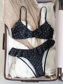 Swim Mod 女士夏季沙滩波点荷叶边性感比基尼套装 - 黑與白 - 查看 3