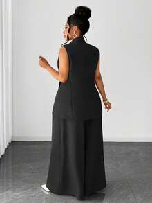 Maweii Bộ vest thanh lịch cỡ lớn, áo blazer và quần ống rộng, phù hợp cho công sở và đi làm, mùa thu/đông. - màu đen - Xem 5