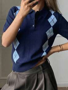 Livesso Atasan Polo Wanita Kasual Longgar Motif Blok Warna Kisi Berlian untuk Musim Semi & Musim Panas - Navy Blue - View 7