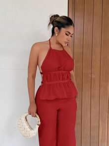 Maria Perezxox Setelan Wanita 2 Potong Gaya Prancis: Atasan Halter Longgar Warna Polos dengan Pinggang Terikat dan Celana Panjang Lebar yang Santai - Merah - View 6