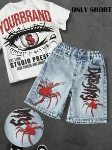 SHEIN Quần short denim dáng rộng màu xám đậm, phong cách đường phố, cá tính dành cho bé trai, với nhiều túi, thích hợp cho trang phục đường phố. - Rửa nhẹ - Xem 1