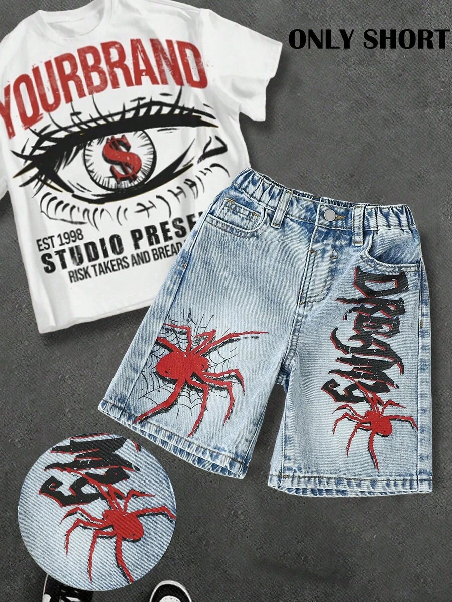 SHEIN Quần short denim dáng rộng màu xám đậm, phong cách đường phố, cá tính dành cho bé trai, với nhiều túi, thích hợp cho trang phục đường phố. - Rửa nhẹ - Xem 1