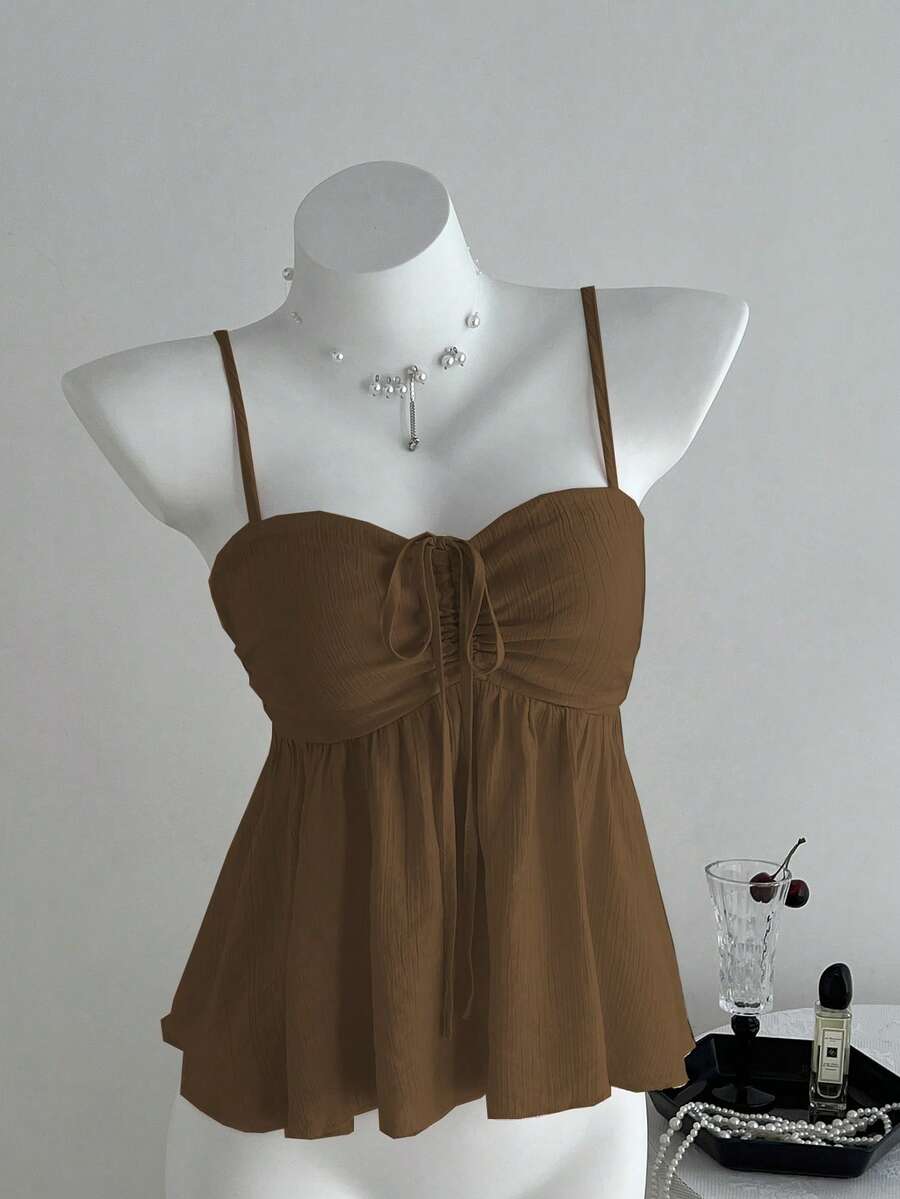 Sweetra Top de tirantes plisado de unicolor rosa para mujer, ideal para el verano - Marrón - Ver 1