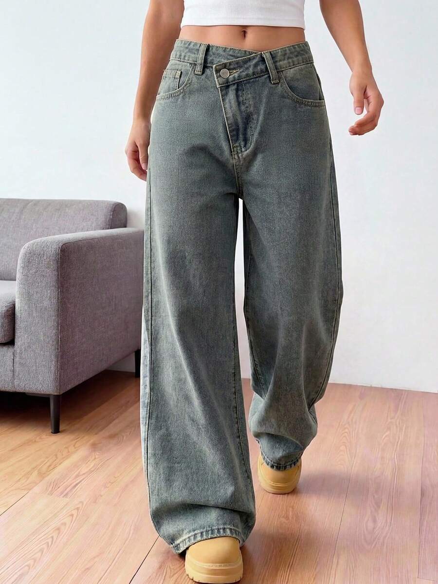 SHEIN Explorewe Streecool Kids Tween Girls Fashion Cross Shaped Rhinestone Decor Wide Leg Jeans, High Waist Front Button Multiple Pockets Minimalist Mid-Rise Wide Leg Jeans, Casual Daily Wear - Light Wash - View 1