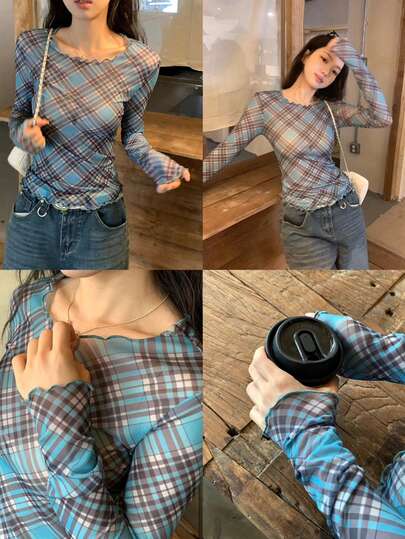 DAZY Spring & Summer Contrast Color Patchwork Plaid Casual Street Style Business Office Wear Women Short Sleeve T-Shirt