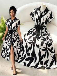 Elenzga 女士新款优雅修身复古印花腰带蝴蝶结短袖休闲度假连衣裙，杏色 - 杏色 - 查看 1