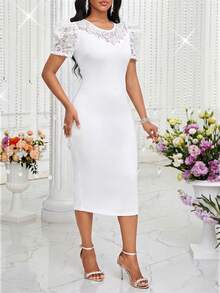 SHEIN Lady Đầm dự tiệc ôm dáng, thanh lịch, phối ren, tay phồng, xuyên thấu dành cho nữ, thích hợp cho mùa hè. - trắng - Xem 3